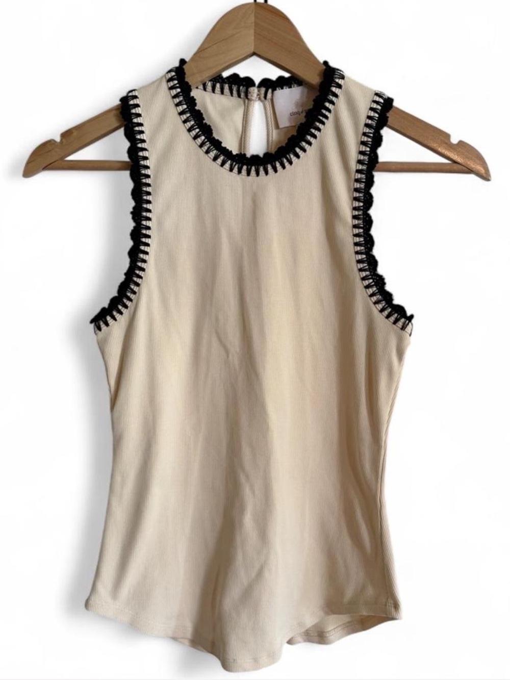 Cinq à Sept Ivory Rib Knit Shell Top Black Crochet Trim Quiet Luxury XS - Picture 2 of 8
